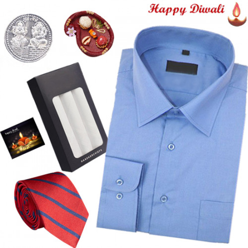 Perfect Brother Hamper - Peter England Blue Shirt, Tie, Hanky with Bhaidooj Tikka and Laxmi-Ganesha Coin