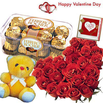 Big Valentines Gift - Red Heart Shape Arrangement 30 Roses + 16 Pcs Ferrero Rocher + Soft Toy 8" + Card