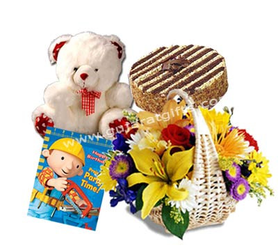 Teddy N Flowers - Basket 15 Mix Flowers + 12 Teddy Bear + Cake 1/2kg