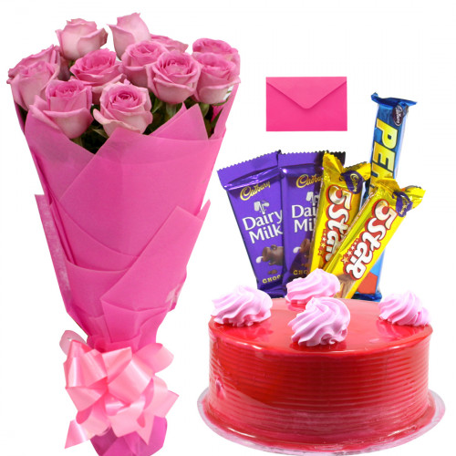 Charming Combo - 10 Pink Roses Bunch, 1/2 Kg Strawberry Cake, 5 Assorted Bars + Card