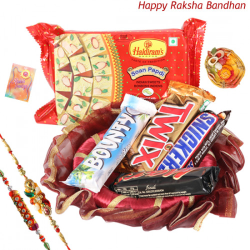 Chocolate Papdi Thali - Snickers, Mars, Twix, Bounty, Soan Papdi, Decorative Thali (R) with 2 Rakhi and Roli-Chawal