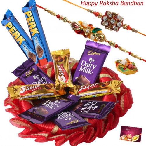 Assorted Cadbury Thali - Assorted Bars 10 Pcs, Decorative Thali (R) with 2 Rakhi and Roli-Chawal