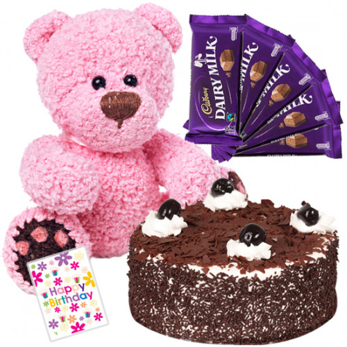 Heartly Wishes - 1 Kg Blackforest Cake + Teddy 6 Inch + 5 Dairy Milk Chocolates + Card