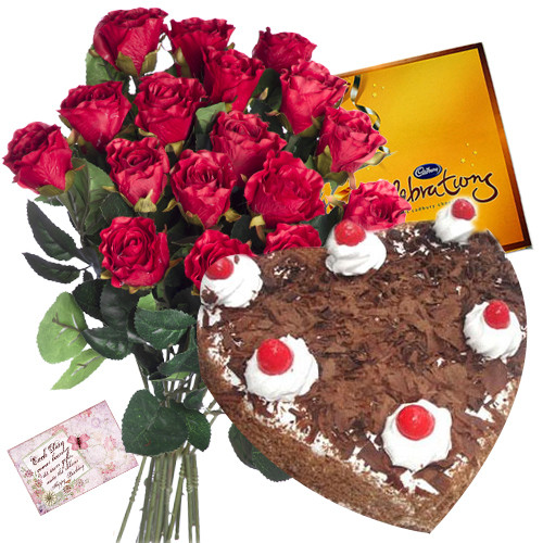 Lovable Gift - Bunch of 12 Red Roses + Heart Shaped Black Forest Cake 1 kg + Cadbury Celebrations + Card
