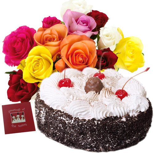 Lovely Combo - Basket Of 20 Mix Roses + 1/2 Kg Black Forest Cake + Card
