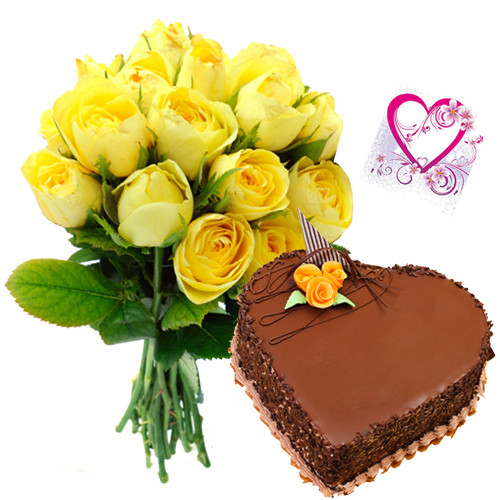 Yellow Roses N Cake - Bunch 15 Yellow Roses + 1 Kg Heart Shape Chocolate Cake + Card