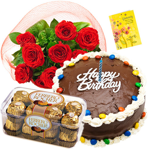 Splendid Surprise - Bunch Of 12 Red Roses + 1/2 Kg Chocolate Cake + Ferrero Rocher 16 Pcs + Card