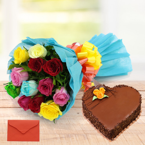 Choco Delight - Bunch of 12 Mix Roses + Heart Shaped Chocolate Cake 1 kg + Card