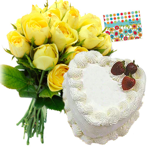 Yellow Combo 1 Kg - Bunch of 12 Yellow Roses + Heart Shaped Pineapple Cake 1 kg + Card