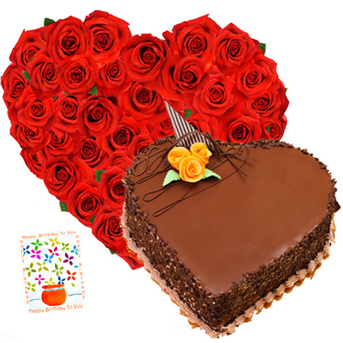 Rich Combination 1 Kg - Heart Shape Basket of 30 Red Roses + Heart Shaped Chocolate Cake 1 kg + Card