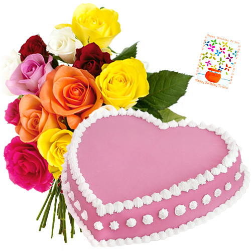 Mix Roses with Cake 1 Kg - Bunch of 12 Mix Roses + Heart Shaped Strawberry Cake 1 kg + Card