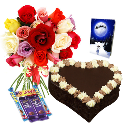 Delightful Treat - 15 Mix Roses Bunch + Cadbury Chocolates 5 Bars + Heart Shaped Cake 1 kg + Card