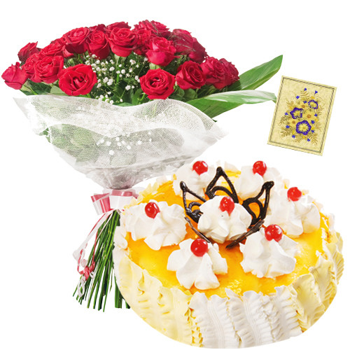 Love Is Forever - Bunch 12 Red Roses + 1 kg Pineapple Cake + Card