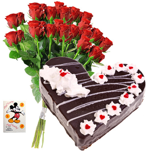 Lovely Surprise - Bunch 12 Red Roses + 1 Kg Heart Shaped Black Forest Cake + Card