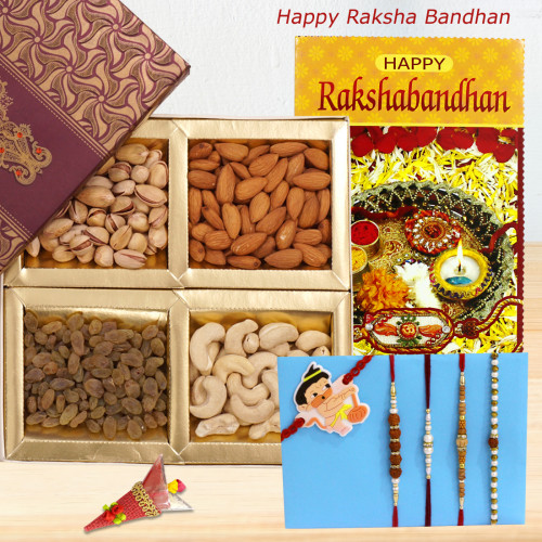 Rakhi Special Dryfruits - Assorted Dryfruits with 2 Pearl Rakhi, 1 Sandalwood Rakhi, 1 Rudrakhsa Rakhi, 1 Kids Rakhi, Free Greeting Card & Roli-Chawal
