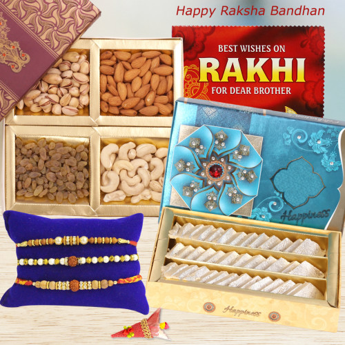 Impressive Rakhi Treat - Kaju Katli, Assorted Dryfruits 200 gms with 1 Mauli Rakhi, 1 Rudrakhsa Rakhi, 1 Sandalwood Rakhi, Free Greeting Card & Roli-Chawal