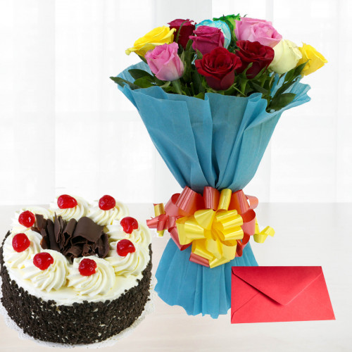 Compelled to Joy - 12 Mix Roses Bunch, 1/2 Kg Cake + Card