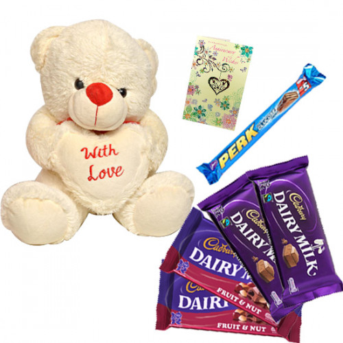 Love Treasure - Teddy 6 inch with Heart, 2 Dairy Milk 14 gms each, 2 Fruit N Nut 34 gms, 2 Perk & Card