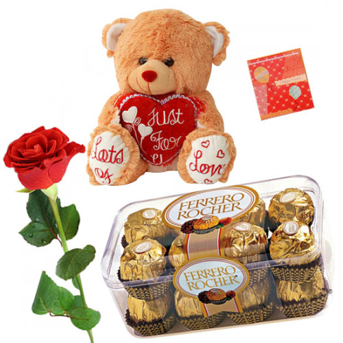 Beary Love - Teddy 6 inch with Heart, Ferrero Rocher 16 pcs, 1 Artificial Rose & Card