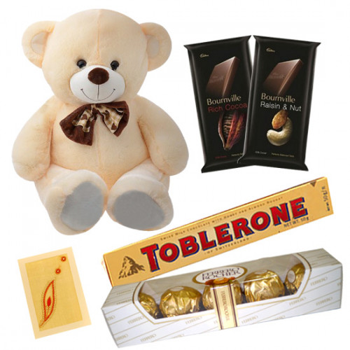 Teddy Choco Mix - Teddy 6 inch, 2 Bournville 30 gms each, Ferrero Rocher 4 pcs, Toblerone & Card