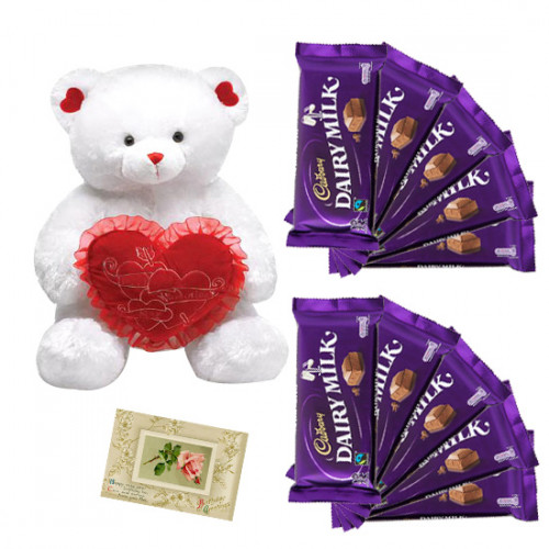 Token Of Love - Teddy 8 inch with Heart, 10 Dairy Milk & Card