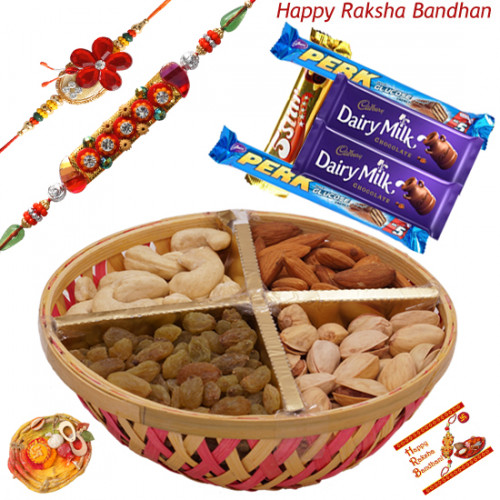 Set Of 2, Multi Assorted Raksha Bandhan Pearl Rakhi With Roli & Chawal 