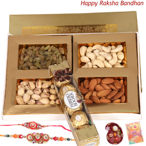 Healthy N Sweet Wishes - Assorted dry Fruits, Ferrero Rocher 4 Pcs with 2 Rakhi and Roli-Chawal