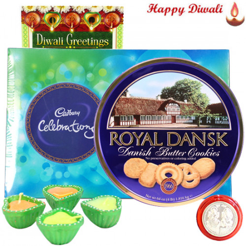 Crispy Choco - Cadbury Celebration, Danish Cookies with 4 Diyas and Laxmi-Ganesha Coin