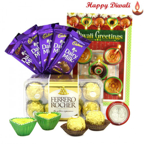 Special Combo - Ferrero Rocher 16 pcs, 5 Dairy Milk Bars with 2 Diyas and Laxmi-Ganesha Coin