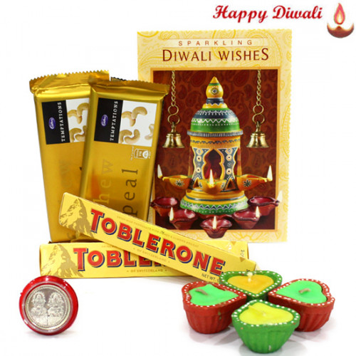 Colorful Wishes - 2 Temptations, 2 Toblerone with 4 Diyas and Laxmi-Ganesha Coin