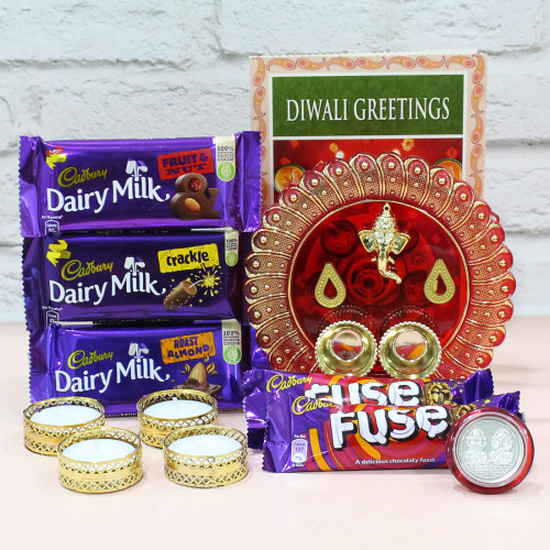 Bournville Thali - Designer Ganesh Thali, Dairy Milk Fruit & Nuts, Dairy Milk Crackle, Dairy Milk Roast Almond, 2 Cadbury Fuse with 4 Golden Diyas and Laxmi-Ganesha Coin