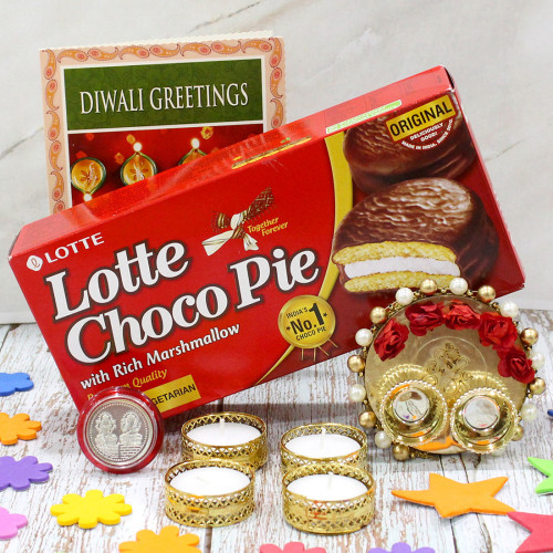 Choco Magic Thali - Chocopie, Elegant Ganesh Thali with Flowers & Pearls with 4 Golden Diyas and Laxmi-Ganesha Coin
