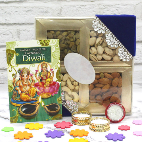 Dryfruit Delight - Assorted Dryfruits 200 gms with 2 Golden Diyas and Laxmi-Ganesha Coin