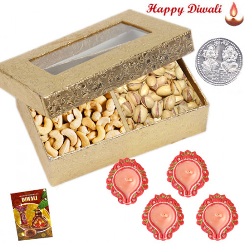 Kaju Pista Mix - Pistachio Cashewnut 200 gms, 2 Dairy Milk Bars with 4 Diyas and Laxmi-Ganesha Coin