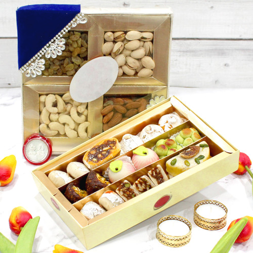 Special Surprise - Assorted Dryfruits 200 gms, Kaju Sweets 250 gms with 2 Golden Diyas and Laxmi-Ganesha Coin
