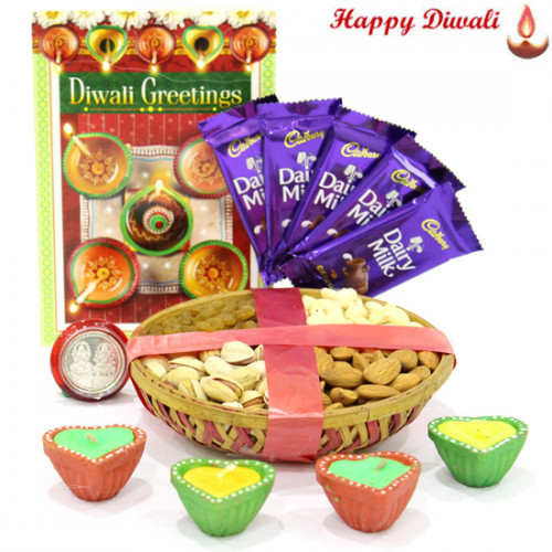 Wonderful Assortment - Assorted Dry Fruits Basket 200 gms, 5 Dairy Milk Bars with 4 Diyas and Laxmi-Ganesha Coin