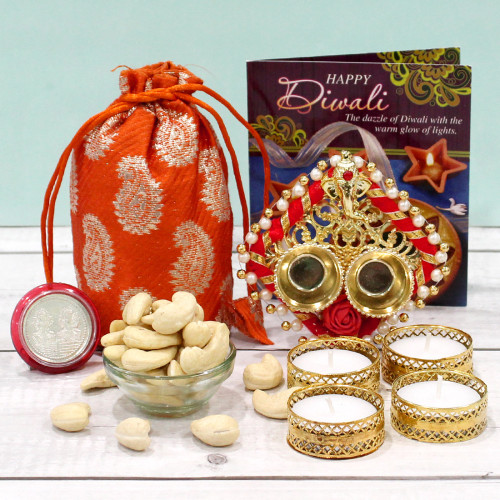 Kaju Treat Thali - Cashew 200 gms Potli (D), Auspicious Ganesha Thali with Pearls with 4 Golden Diyas and Laxmi-Ganesha Coin