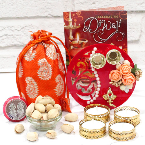 Royal Pista Thali - Pistachio 200 gms in Potli (D), Fancy Ganesha Thali with Flowers & Pearls with 4 Golden Diyas and Laxmi-Ganesha Coin