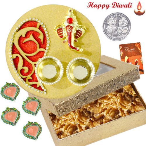 Special Nuts Thali - Walnuts 200 gms, Artistic Ganesha Thali with Golden Base with 4 Diyas and Laxmi-Ganesha Coin
