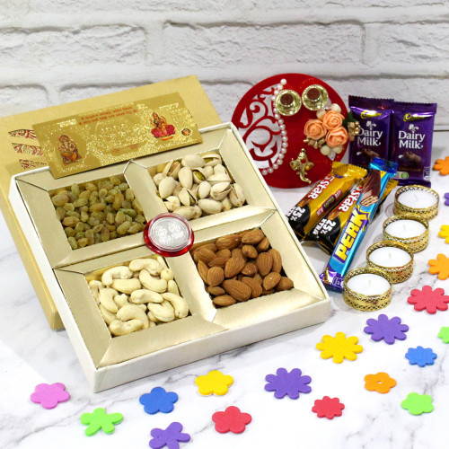 Nuts Thali - Fancy Ganesha Thali with Flowers & Pearls, Assorted Dry Fruits 200 gms, 5 Assorted Bars, 24 Carat Gold Plated Dhan Laxmi Varsha Note with 4 Golden Diyas and Laxmi-Ganesha Coin