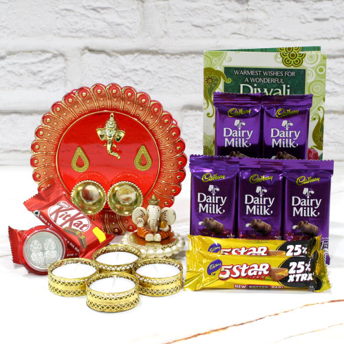 Spiritual Pooja Thali - Designer Ganesh Thali, 5 Dairy Milk, 2 Five Star, 2 Kit Kat, Ganesh Idol with 4 Golden Diyas and Laxmi-Ganesha Coin