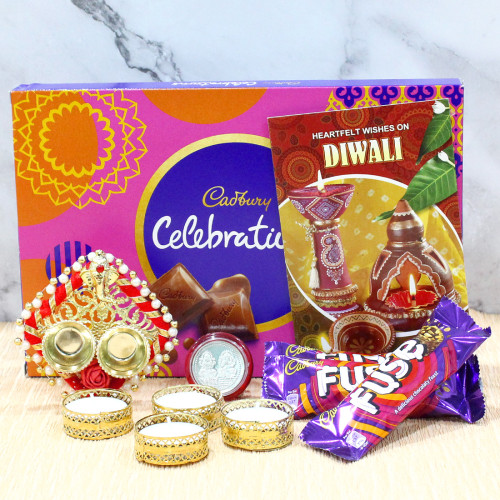 Diwali Thali - Auspicious Ganesha Thali with Pearls, Cadbury's Celebrations, 2 Fuse with 4 Golden Diyas and Laxmi-Ganesha Coin