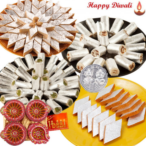 Grand Sweets - Kaju Katli, Kaju Anjir Rolls, Kesar Katli, Kaju Pista Rolls, 4 in 1 Diya Thali with Laxmi-Ganesha Coin
