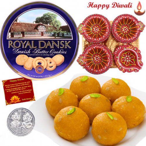 Wonderful Hamper - Danish Cookies, Kanpuri Laddoo, 4 in 1 Diya Thali with Laxmi-Ganesha Coin