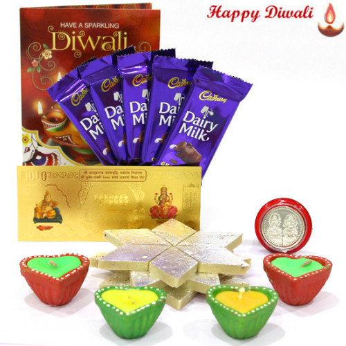 Kaju Sweet Hamper - Kaju Katli 250 gms, 5 Dairy Milk Bars, 24 Carat Gold Plated Dhan Laxmi Varsha Note with 4 Diyas and Laxmi-Ganesha Coin
