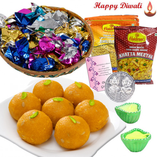 Diwali Greetings - Boondi Laddo 250 gms, Assorted Chocolates 100 gms, 2 Haldiram Namkeen with 2 Diyas and Laxmi-Ganesha Coin