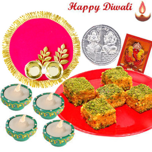 Badam Barfi Thali - Badam Barfi 250 gms, Stylish Pooja Thali with Golden Border with 4 Diyas and Laxmi-Ganesha Coin