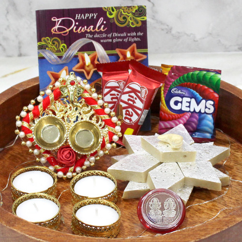 Kaju Nutties Thali - Kaju Katli 250 gms, Auspicious Ganesha Thali with Pearls, 2 Kitkat, 1 Gems with 4 Golden Diyas and Laxmi-Ganesha Coin