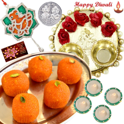 Designer Sweets Thali - Kanpuri Laddoo 250 gms, Elegant Ganesh Thali with Flowers & Perals - 3.5 inch, Ganesha Door Hanging with 4 Diyas and Laxmi-Ganesha Coin