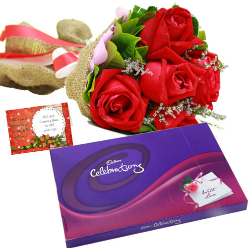 Wonderful Treat - 12 Red Roses + Cadbury's Celebrations Pack + Card